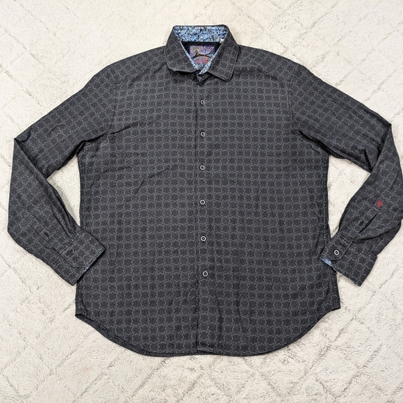 Robert Graham Shirt Men's XL Black Geometric Print Floral Cuffs Dress Cotton - Picture 1 of 11